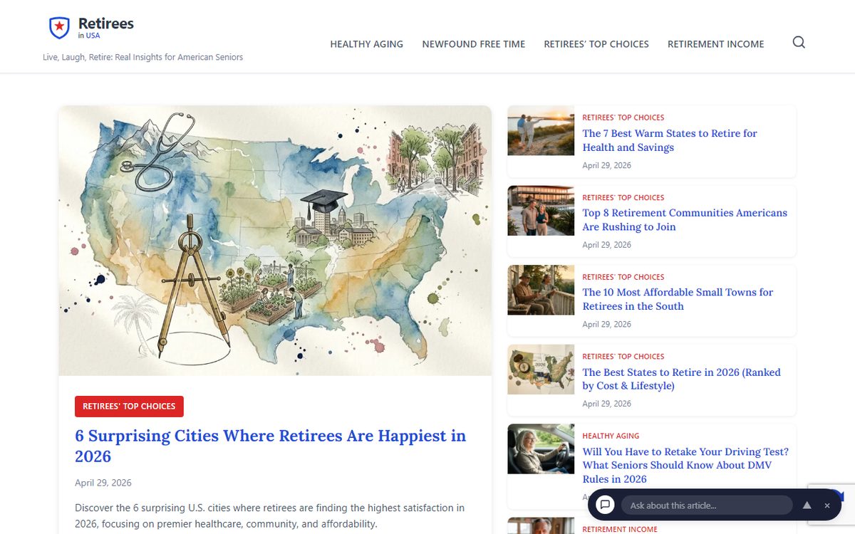 RetireesInUSA.com homepage screenshot